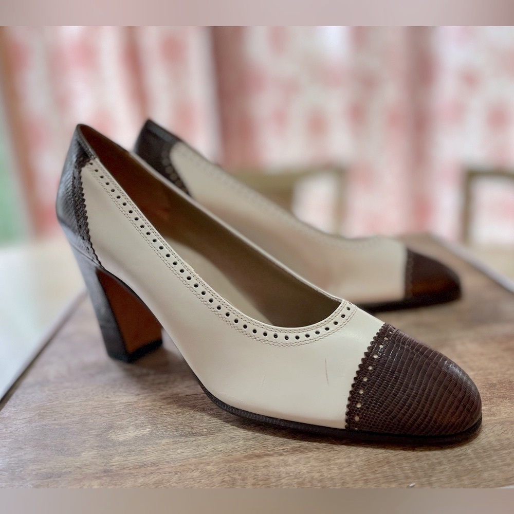 Salvatore Ferragamo Brown and White Elegant Heels